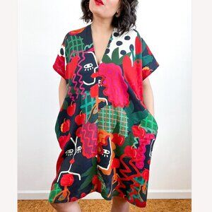 NWT Avant Garde Tunic Kaftan Linen Dress Loud Print Nooworks Tuesday Smock M L